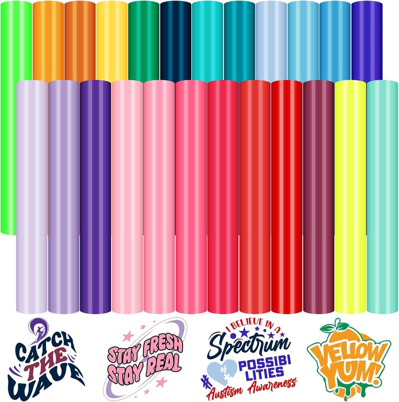 HTVRONT Bright Heat Transfer Vinyl,25 Pack 12"x10" Iron-On Vinyl for T-Shirts,24 Assorted Multi-Color HTV Vinyl for All Cutting Machine,Easy to Cut & Transfer - Image 1